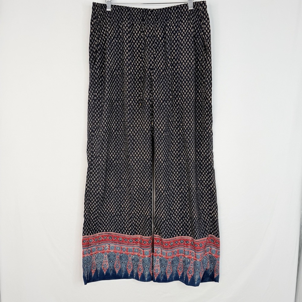 RALPH LAUREN Blue Geometric Drawcord Wide Woven Palazzo Pants Elastic Waist 12